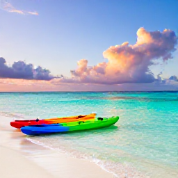 Caribbean Holidays, Puerto Rico Tours, Clear turquoise Caribbean water, sandy beach and colourful kayaks near a Puerto Rican island at sunset in July