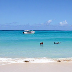 Caribbean Holidays, Puerto Rico Tours, Clear turquoise sea and a sandy beach near Culebra, Puerto Rico, with a small boat offshore and snorkellers in the water