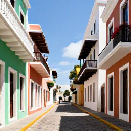 Caribbean Holidays, Puerto Rico Tours, Colourful cobbled street in Old San Juan, Puerto Rico, with Spanish colonial buildings, balconies and historic city walls