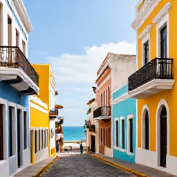 Caribbean Holidays, Puerto Rico Tours, Colourful historic buildings and cobbled streets in Old San Juan, Puerto Rico, with a blue Caribbean sea in the background
