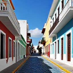 Caribbean Holidays, Puerto Rico Tours, Colourful historic streets in Old San Juan, Puerto Rico, with blue cobblestones, colonial buildings and bright Caribbean sunlight