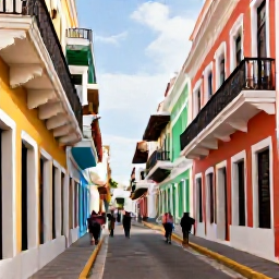 Caribbean Holidays, Puerto Rico Tours, Colourful historic streets of Old San Juan with Spanish colonial buildings, balconies and visitors exploring on foot
