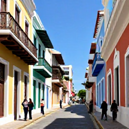 Caribbean Holidays, Puerto Rico Tours, Colourful Old San Juan street in June with Spanish colonial buildings, balconies and people exploring on a walking tour