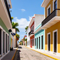 Caribbean Holidays, Puerto Rico Tours, Colourful Old San Juan street with pastel colonial buildings, cobbled pavement and tropical sunshine