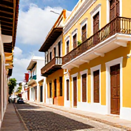 Caribbean Holidays, Puerto Rico Tours, Colourful Old San Juan street with Spanish colonial buildings, balconies and cobbled pavement in warm November sunshine