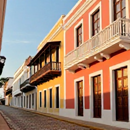 Caribbean Holidays, Puerto Rico Tours, Colourful Old San Juan streets with colonial buildings, balconies and cobbled paving in warm afternoon light
