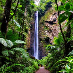 Caribbean Holidays, Puerto Rico Tours, Dense tropical rainforest in El Yunque National Forest with a waterfall, lush foliage and a walking trail
