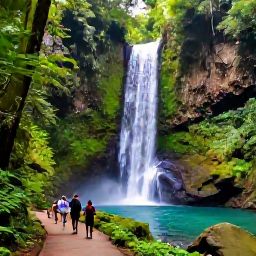 Caribbean Holidays, Puerto Rico Tours, El Yunque rainforest in Puerto Rico with lush tropical foliage, a clear waterfall and travellers walking on a forest path