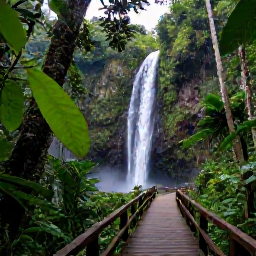 Caribbean Holidays, Puerto Rico Tours, El Yunque rainforest with lush green foliage, a waterfall and a wooden trail beneath tropical trees