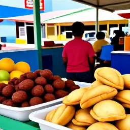Caribbean Holidays, Puerto Rico Tours, Friendly Puerto Rican food market with mofongo, empanadillas and tropical fruit, viewed in a bright local setting