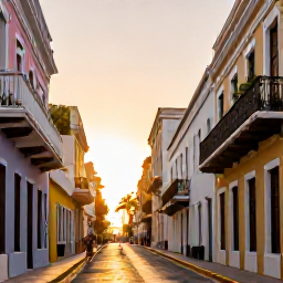 Caribbean Holidays, Puerto Rico Tours, Golden morning light over San Juan's colourful colonial streets, with palm trees and relaxed pedestrians