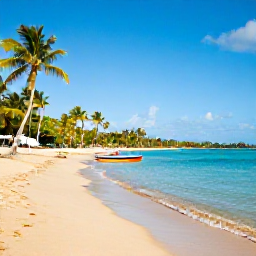 Caribbean Holidays, Puerto Rico Tours, Golden sandy beach in Puerto Rico with calm turquoise water, palm trees and a small boat near the shore