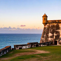 Caribbean Holidays, Puerto Rico Tours, Historic El Morro fortress in San Juan at sunset, overlooking the blue Caribbean Sea