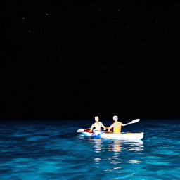 Caribbean Holidays, Puerto Rico Tours, Kayakers paddling through calm bioluminescent waters in Puerto Rico at night beneath a star-filled sky