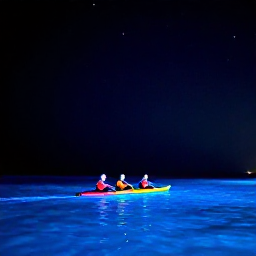 Caribbean Holidays, Puerto Rico Tours, Kayakers paddling through the glowing bioluminescent waters of a Puerto Rico bay at night under a starry sky