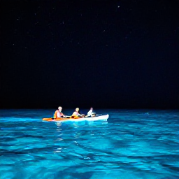 Caribbean Holidays, Puerto Rico Tours, Kayakers paddling through the glowing waters of a Puerto Rican bioluminescent bay at night beneath a starry sky