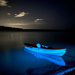 Caribbean Holidays, Puerto Rico Tours, Kayaks glowing with blue bioluminescence on a calm Puerto Rican lagoon at night
