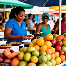 Caribbean Holidays, Puerto Rico Tours, Local Puerto Rican food market with colourful fruit, traditional dishes, friendly vendors and visitors tasting island cuisine