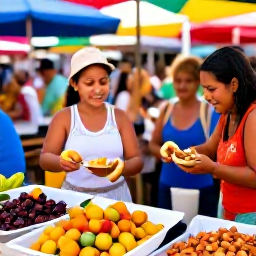 Caribbean Holidays, Puerto Rico Tours, Local Puerto Rican food tour in a lively market with colourful dishes, tropical fruit and friendly visitors