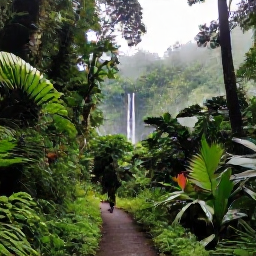 Caribbean Holidays, Puerto Rico Tours, Lush El Yunque National Forest in Puerto Rico with tropical foliage, a forest trail, waterfall and misty green mountains