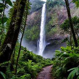 Caribbean Holidays, Puerto Rico Tours, Lush El Yunque National Forest with a waterfall, tropical plants and a hiking trail beneath misty green mountains