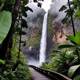 Caribbean Holidays, Puerto Rico Tours, Lush El Yunque rainforest in Puerto Rico with a waterfall, tropical foliage, misty mountains and a walking trail