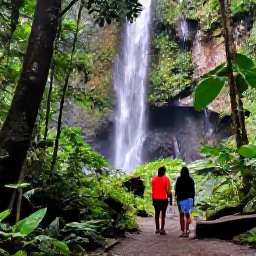 Caribbean Holidays, Puerto Rico Tours, Lush El Yunque rainforest in Puerto Rico with tropical plants, a flowing waterfall and a guided walking trail