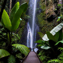 Caribbean Holidays, Puerto Rico Tours, Lush tropical rainforest in El Yunque National Forest, Puerto Rico, with a waterfall, broad leaves and a walking trail