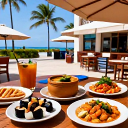 Caribbean Holidays, Puerto Rico Tours, Outdoor Puerto Rican restaurant serving colourful local dishes, with palm trees and a relaxed Caribbean atmosphere