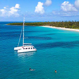 Caribbean Holidays, Puerto Rico Tours, Puerto Rico catamaran excursion on clear blue Caribbean water, with snorkellers, a sandy beach and green offshore islands