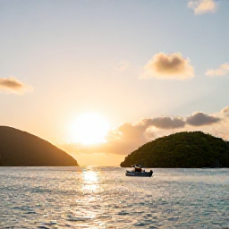 Caribbean Holidays, Puerto Rico Tours, Puerto Rico coastal boat tour at sunset with calm turquoise water, green islands and a small motorboat