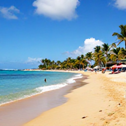 Caribbean Holidays, Puerto Rico Tours, Puerto Rico coastline with golden sand, turquoise Caribbean water, palm trees and visitors enjoying a relaxed October beach day