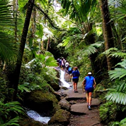 Caribbean Holidays, Puerto Rico Tours, Rainforest trail in El Yunque with lush green plants, a small waterfall and visitors on a guided walk