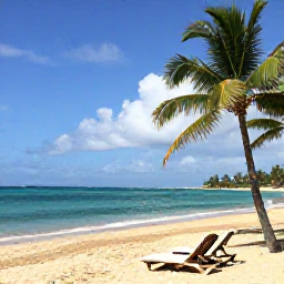 Caribbean Holidays, Puerto Rico Tours, Relaxed Caribbean beach in Puerto Rico with turquoise water, golden sand, sun loungers and palm trees
