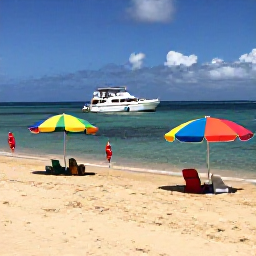 Caribbean Holidays, Puerto Rico Tours, Relaxed Puerto Rico beach scene with golden sand, clear Caribbean water, colourful umbrellas and a family-friendly boat excursion