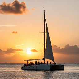 Caribbean Holidays, Puerto Rico Tours, Small catamaran sailing on calm Caribbean water near Puerto Rico at sunset, with passengers enjoying the view