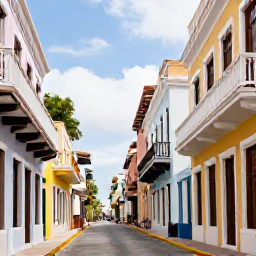 Caribbean Holidays, Puerto Rico Tours, Sunlit colonial streets in Old San Juan, Puerto Rico, with colourful Spanish buildings, balconies and relaxed visitors