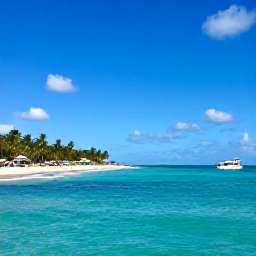 Caribbean Holidays, Puerto Rico Tours, Sunny Puerto Rico coastline in June with turquoise water, palm trees and a small tour boat