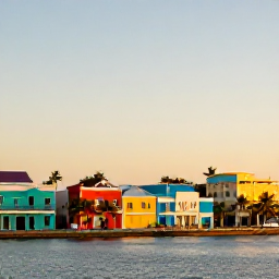 Caribbean Holidays, Puerto Rico Tours, Sunset over San Juan harbour in Puerto Rico, with colourful buildings, palm trees and warm evening light