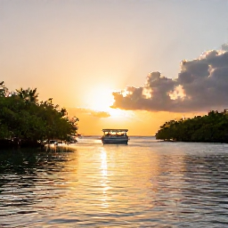 Caribbean Holidays, Puerto Rico Tours, Traditional Puerto Rican boat tour on a calm bay at sunset, with mangroves, golden light and reflections on the water