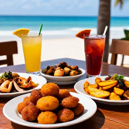 Caribbean Holidays, Puerto Rico Tours, Traditional Puerto Rican food at an outdoor restaurant table, including mofongo, grilled seafood, plantain and colourful drinks
