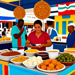 Caribbean Holidays, Puerto Rico Tours, Traditional Puerto Rican food market with colourful stalls, local dishes and friendly people in a lively town square