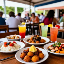 Caribbean Holidays, Puerto Rico Tours, Traditional Puerto Rican food served at a lively outdoor restaurant in San Juan, including mofongo, grilled seafood and tropical drinks