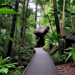 Caribbean Holidays, Puerto Rico Tours, Tropical El Yunque rainforest with a walking trail, lush foliage and a small waterfall in bright but humid July weather