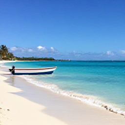 Caribbean Holidays, Puerto Rico Tours, Turquoise Caribbean water, white sand beach and small boat near Puerto Rico under clear November skies