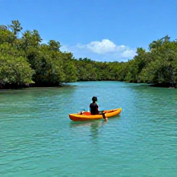 Caribbean Holidays, Puerto Rico Tours, Visitors swimming and kayaking through clear turquoise water surrounded by mangroves in Puerto Rico