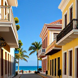 Caribbean Holidays, Puerto Rico Tours, Warm April sunshine over Puerto Rico's colourful colonial streets in Old San Juan, with palm trees and the sea in the background