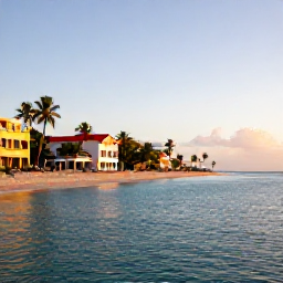 Caribbean Holidays, Puerto Rico Tours, Warm Caribbean coastline in Puerto Rico at sunrise, with colourful buildings, palm trees and calm turquoise water