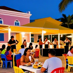 Caribbean Holidays, Puerto Rico Tours, Warm evening in Puerto Rico with outdoor tables, colourful local food and musicians performing in a lively plaza