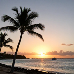 Caribbean Holidays, Puerto Rico Tours, Warm Puerto Rican coastline at sunset with palm trees, calm turquoise water and a small tour boat